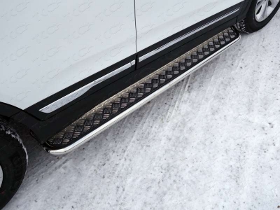 Пороги с площадкой алюминиевый лист 42 мм ТСС для Chery Tiggo 5 2014-2021