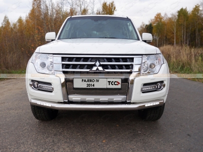 Защита переднего бампера с ДХО 76 мм ТСС для Mitsubishi Pajero 4 2014-2021