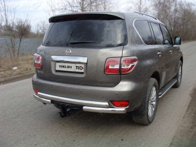 Защита заднего бампера овальная двойная под фаркоп 75х75 мм ТСС для Nissan Patrol 2014-2021