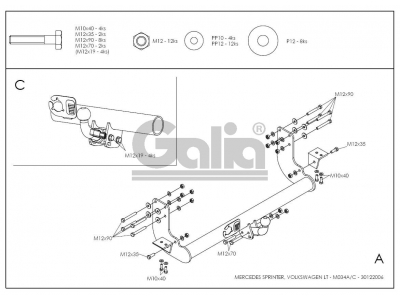 Фаркоп оцинкованный Galia шар BMA съёмный на базу 3550 и 4025 мм для Mercedes Sprinter/Sprinter Classic/Volkswagen LT 28/ 1995-2018